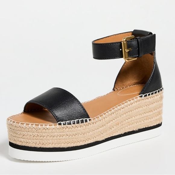 See By Chloe Shoes - See by Chloe Glyn Platform Espadrille Sandals Black Leather size 37